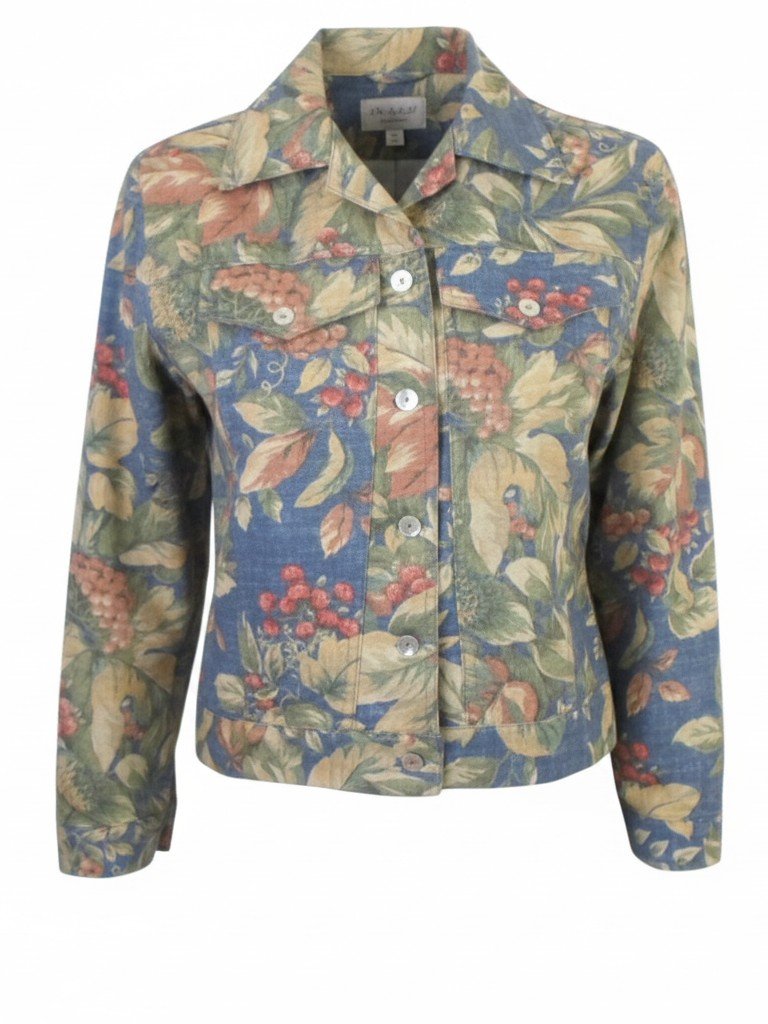 Vintage Norm Thompson Blue Floral Denim Jacket Long Sleeve Button Up Sz Ps